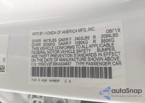 2019 Honda Accord Sport 2.0T from USA, damaged, VIN 1HGCV2F39KA034657